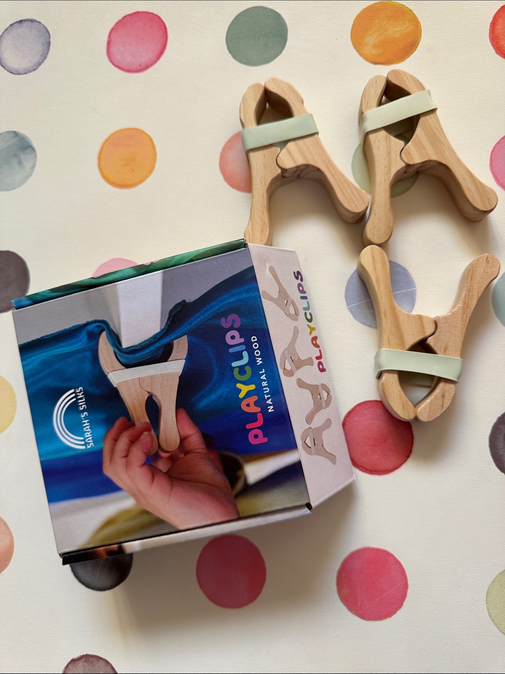 Set of three Sarah’s Silks Playclips Natural Wood Toy Clips Clothes Pins